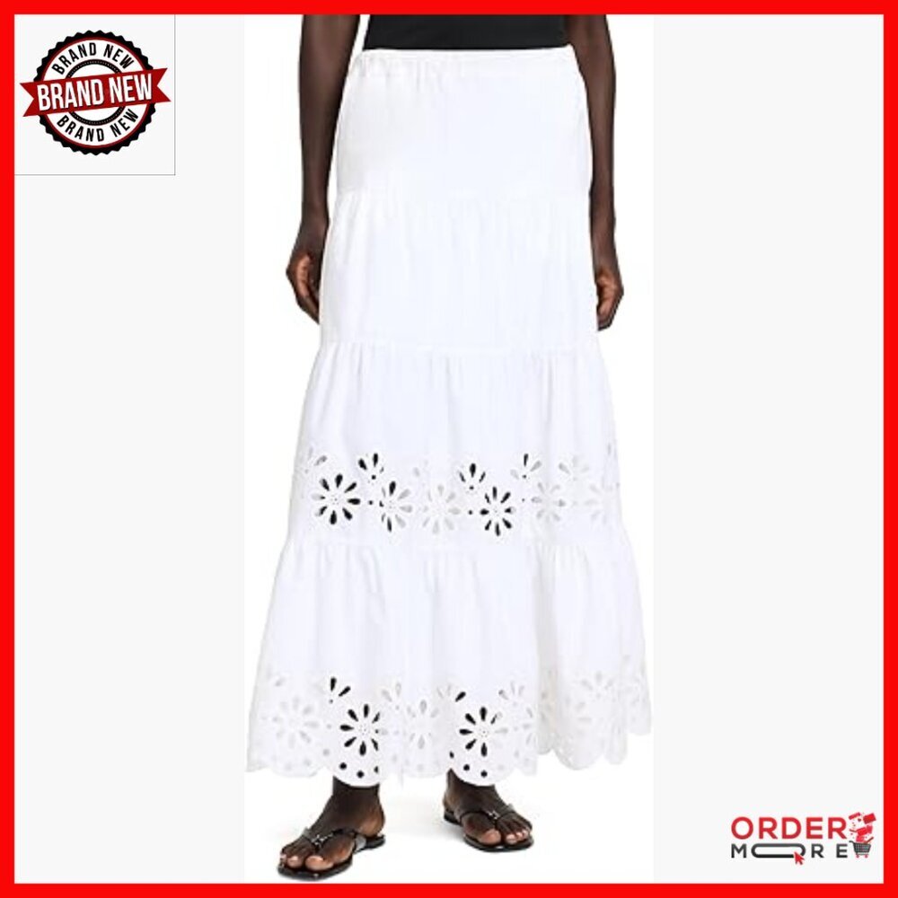 Cotton Maxi Skirt with Daisy Eyelet Tiered Summer Staple Size M